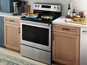 The interior of a kitchen with an electric range with two burners occupied