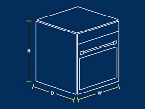 A sketch of a wall oven showing where to measure height, depth and width