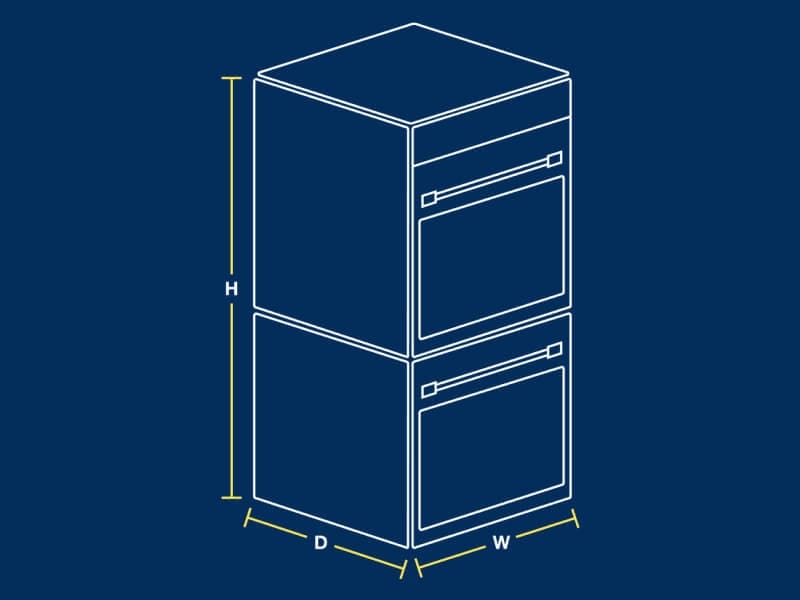 A sketch of a double wall oven showing where to measure height, depth and width