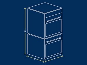 A sketch of a double wall oven showing where to measure height, depth and width