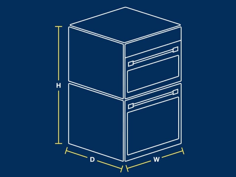 A sketch of a wall oven microwave combo showing where to measure height, depth and width
