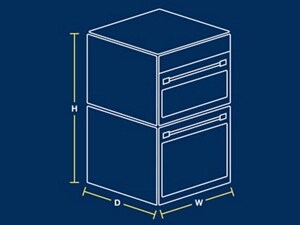 A sketch of a wall oven microwave combo showing where to measure height, depth and width