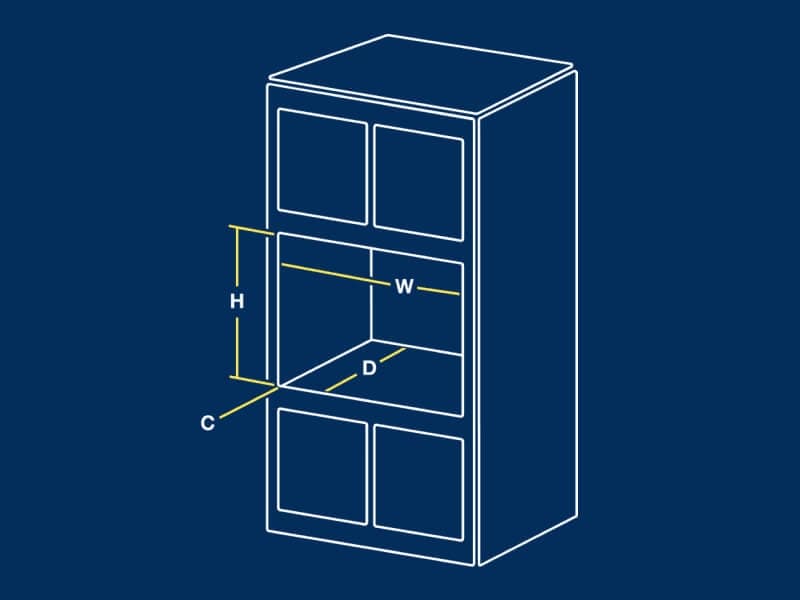 A sketch that shows where within cabinets to measure height, depth and width when replacing a previously installed wall ovens