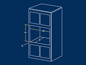 A sketch that shows where within cabinets to measure height, depth and width when replacing a previously installed wall ovens