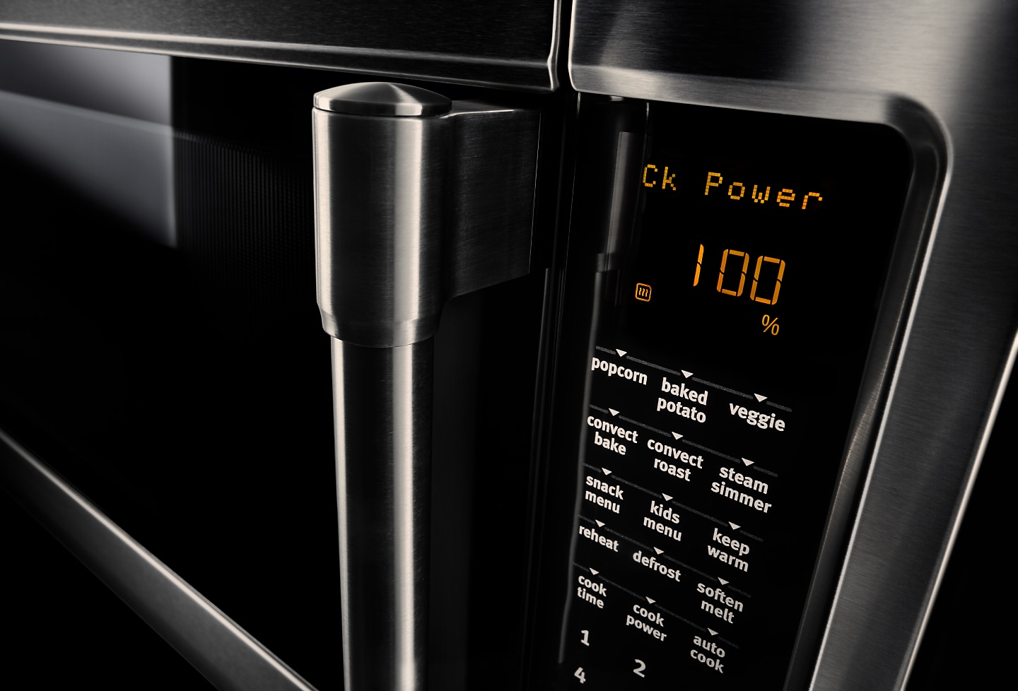 A close-up of the control panel of a Maytag® convection microwave.