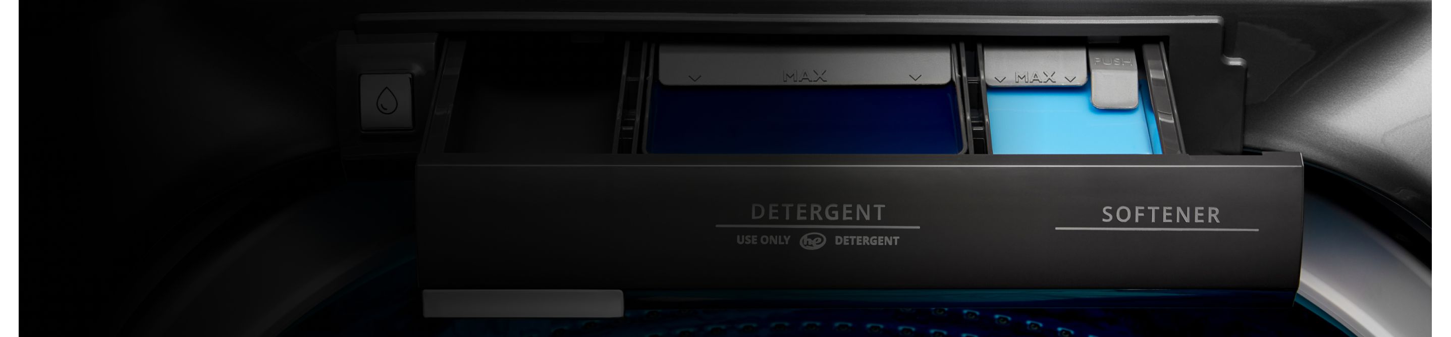 Close up image of a washing machine detergent dispenser