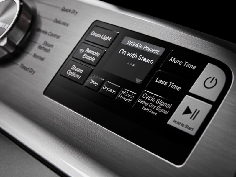 Close-up of a Maytag® dryer control panel with Wrinkle Prevent
