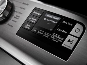 Close-up of a Maytag® dryer control panel with Wrinkle Prevent