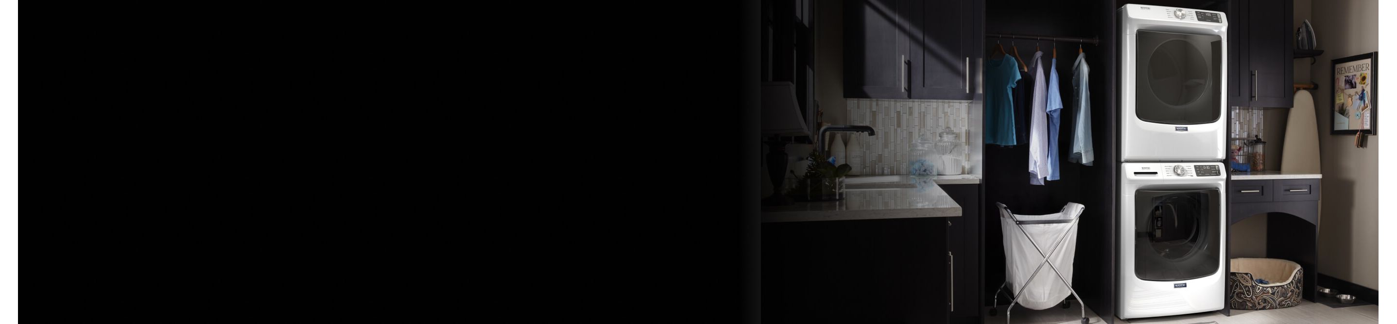 A white Maytag® washer and dryer set, stacked