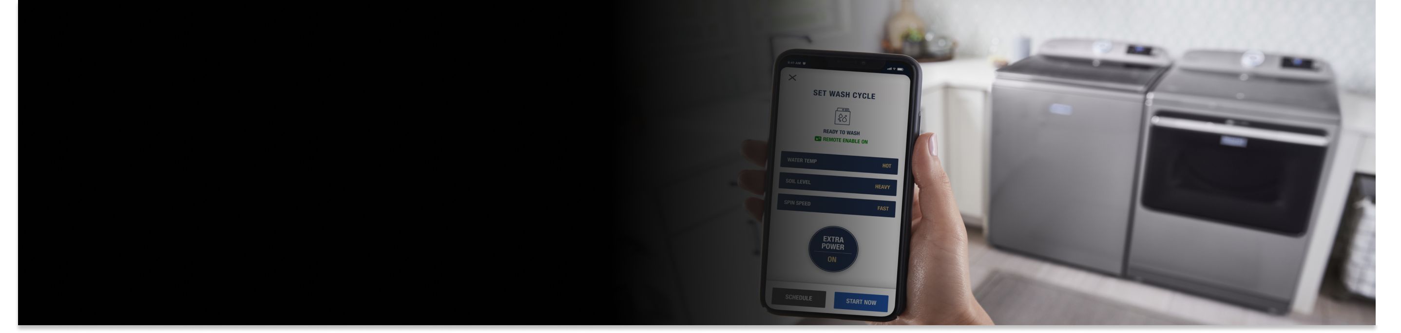 Person using the Maytag™ App standing in front of a gray top-load laundry pair 