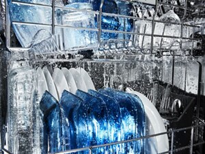 Dishes on the inside of a dishwasher getting sprayed with water