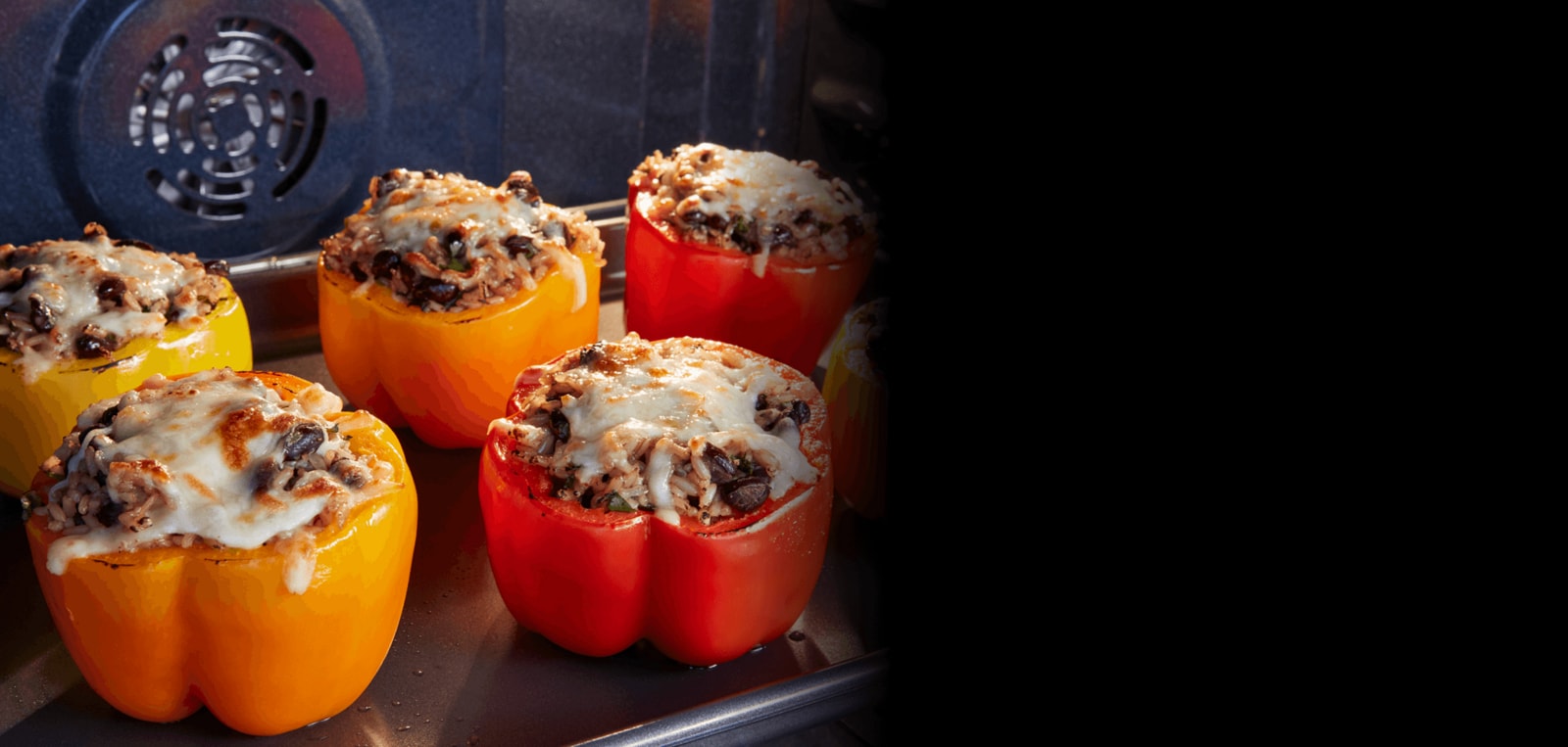 Stuffed peppers baking inside an oven