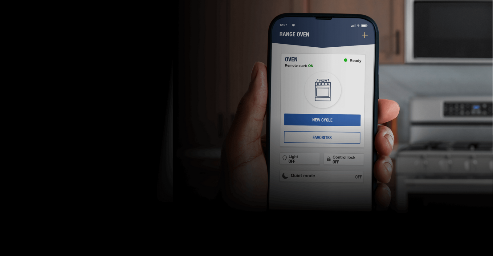 A hand holding a phone with the Maytag® Smart App open