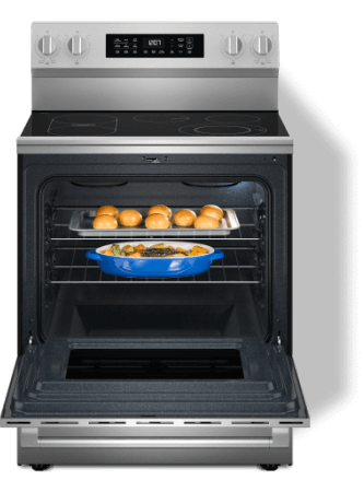 A stainless steel electric kitchen stove.