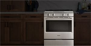 A slide-in range prominently displayed in a kitchen.