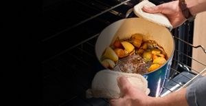 A beef stew slow cooking in the oven