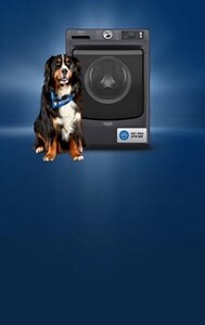 Dog standing in front of a Maytag® front load washer