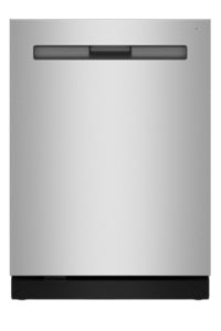 Stainless steel dishwasher with top controls and Pet Pro badge.