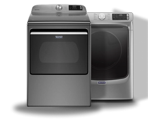 A Maytag® top load and front load clothes dryer in metallic slate.