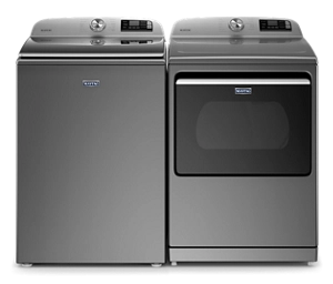 A Maytag® laundry set in metallic slate.