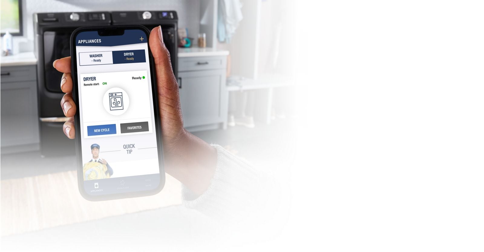 Interior view of a Maytag dryer tumbling clothes.