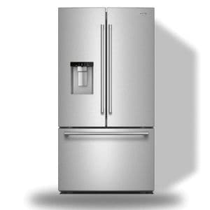 A Maytag french door fridge in stainless steel.