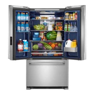 A Maytag french door fridge in stainless steel.