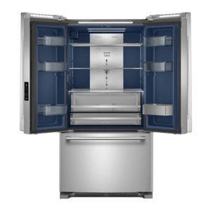 A Maytag french door fridge in stainless steel.