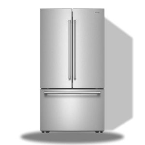 A Maytag french door fridge in stainless steel.
