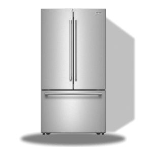 A Maytag french door fridge in stainless steel.