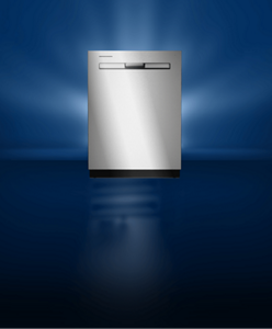 A stainless steel dishwasher against a dark background.