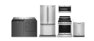 A Maytag® laundry pair, french door refrigerator, gas range, microwave and dishwasher.