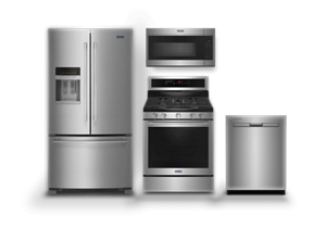 A dishwasher, french door refrigerator, electric range and microwave