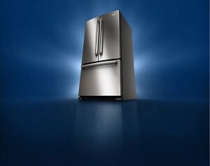 A Maytag® French door refrigerator with light streaming in from behind